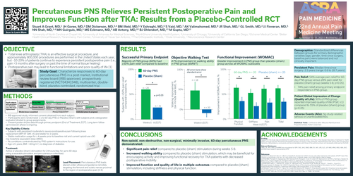 Preview of PERCUTANEOUS PNS RELIEVES PERSISTENT POSTOPERATIVE PAIN AND IMPROVES FUNCTION AFTER TKA: RESULTS FROM A PLACEBO-CONTROLLED RCT