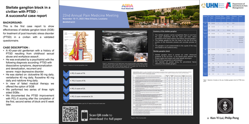 Preview of STELLATE GANGLION BLOCK IN A CIVILIAN WITH POST-TRAUMATIC STRESS DISORDER : A SUCCESSFUL CASE REPORT