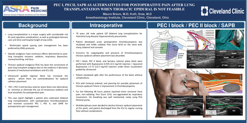 Preview of PEC I, PECII, SAPB AS ALTERNATIVES FOR POSTOPERATIVE PAIN AFTER LUNG TRANSPLANTATION WHEN THORACIC EPIDURAL IS NOT FEASIBLE.