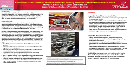 Preview of CONTINUOUS COSTOCLAVICULAR NERVE BLOCK CATHETER USED AS A PRIMARY ANESTHETIC AND FOR POST OPERATIVE PAIN CONTROL.