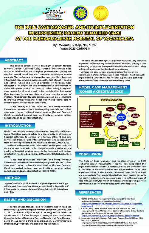 Preview of THE ROLE CASE MANAGER AND ITS IMPLEMENTATION
IN SUPPORTING IMPLEMENTATION PATIENT CENTERED CARE (PCC)
IN PKU MUHAMMADIYAH HOSPITAL YOGYAKARTA