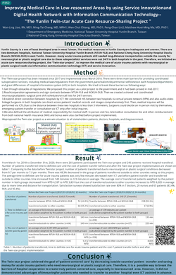 Thumbnail for IMPROVING MEDICAL CARE IN LOW-RESOURCED AREAS BY USING SERVICE INNOVATIONAND DIGITAL HEALTH NETWORK WITH INFORMATION COMMUNICATION TECHNOLOGY- THE YUNLIN TWIN-STAR ACUTE CARE RESOURCE-SHARING PROJECT