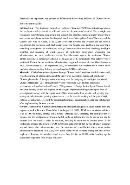 Preview of ESTABLISH AND IMPLEMENT THE PROCESS OF INFORMATION-BASED DRUG DELIVERY OF CHINESE HERBAL MEDICINE UNDER ACHS