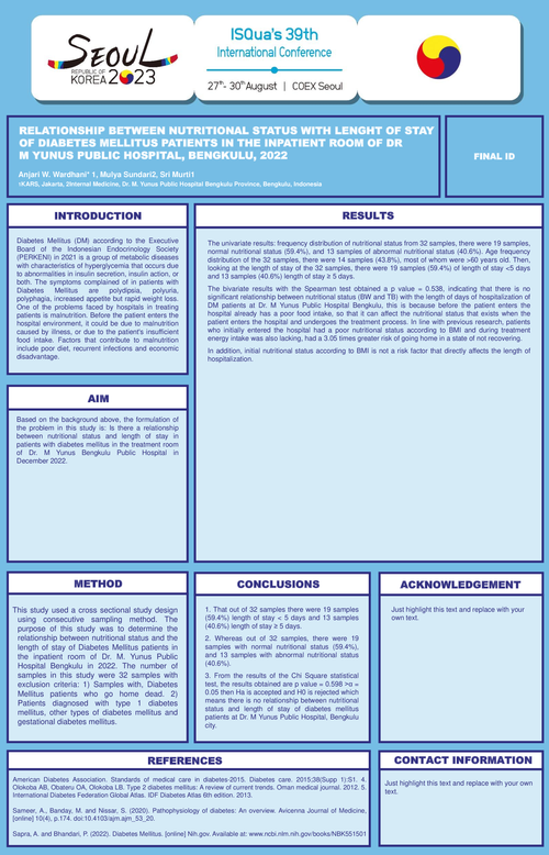 Preview of RELATIONSHIP BETWEEN NUTRITIONAL STATUS WITH LENGHT OF STAY OF DIABETES MELLITUS PATIENTS IN THE INPATIENT ROOM OF DR M YUNUS PUBLIC HOSPITAL, BENGKULU, 2022