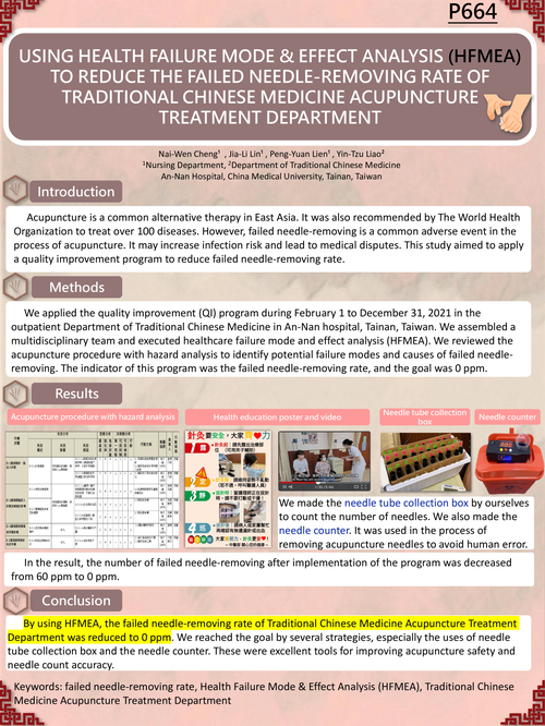 Preview of USING HEALTH FAILURE MODE & EFFECT ANALYSIS (HFMEA) TO REDUCE THE FAILED NEEDLE-REMOVING RATE OF TRADITIONAL CHINESE MEDICINE ACUPUNCTURE TREATMENT DEPARTMENT