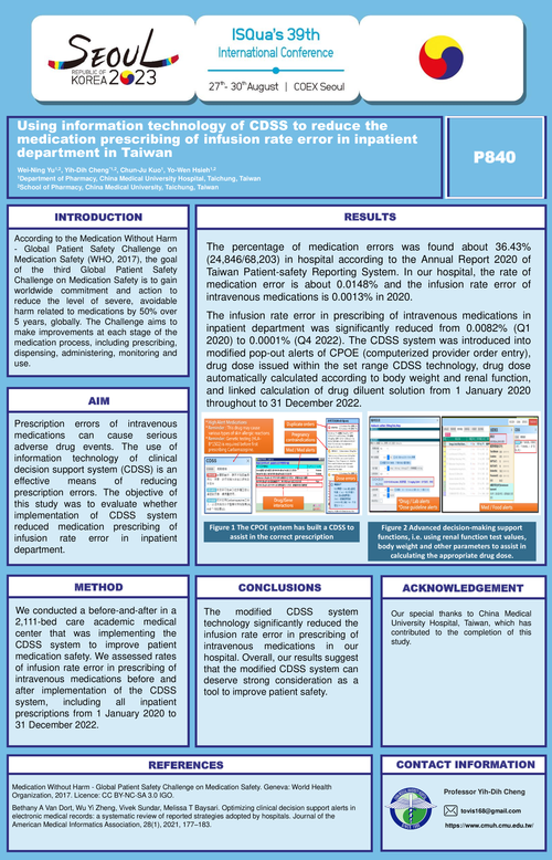 Preview of USING INFORMATION TECHNOLOGY OF CDSS TO REDUCE THE MEDICATION PRESCRIBING OF INFUSION RATE ERROR IN INPATIENT DEPARTMENT IN TAIWAN