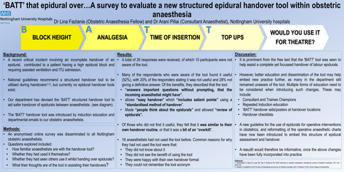 Preview of 'BATT' that epidural...A survey to evaluate a new epidural handover toolkit within Obstetric Anaesthesia.