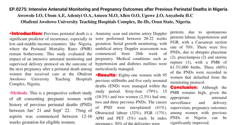 Preview of Intensive Antenatal Monitoring and Pregnancy Outcomes after Previous Perinatal Deaths in Nigeria