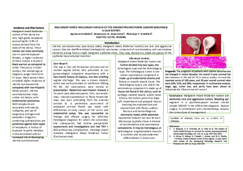 Preview of MALIGNANT MIXED MULLERIAN TUMOUR OF THE ENDOMETRIUM: A CASE REPORT.