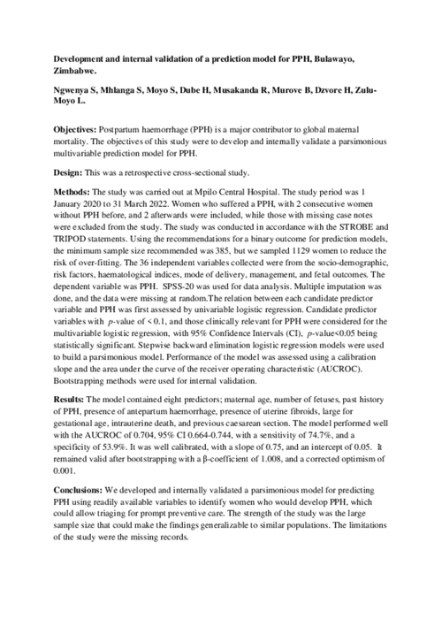 Preview of Development and internal validation of a prediction model for PPH, Bulawayo, Zimbabwe.