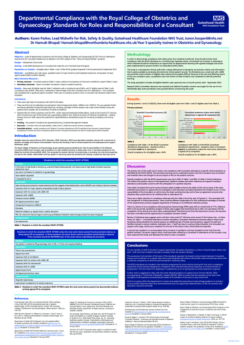Preview of Departmental compliance with the RCOG standards; Roles and Responsibilities of a Consultant