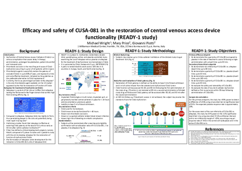 Preview of READY 1: A Phase 3, Randomized, Double-Blind, Active and Placebo-Controlled Study on the use of CUSA-081 for Dysfunctional Central Venous Access Devices